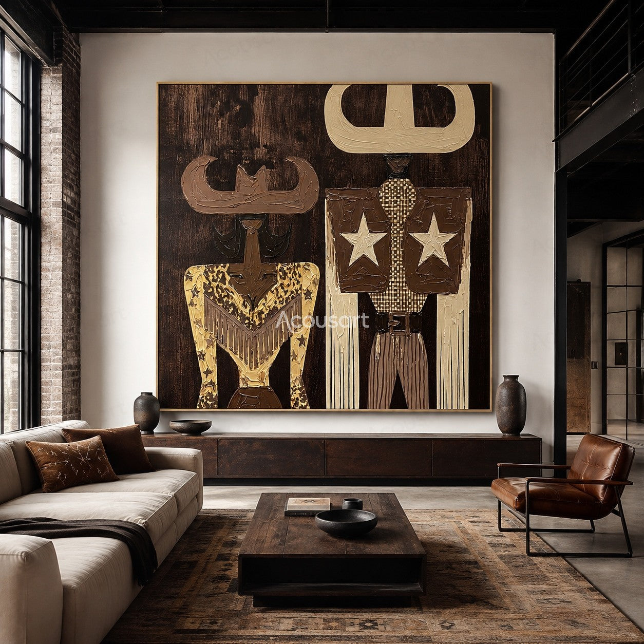 Textured cowboy couple wall art with Western hats, stars, and vintage Americana style