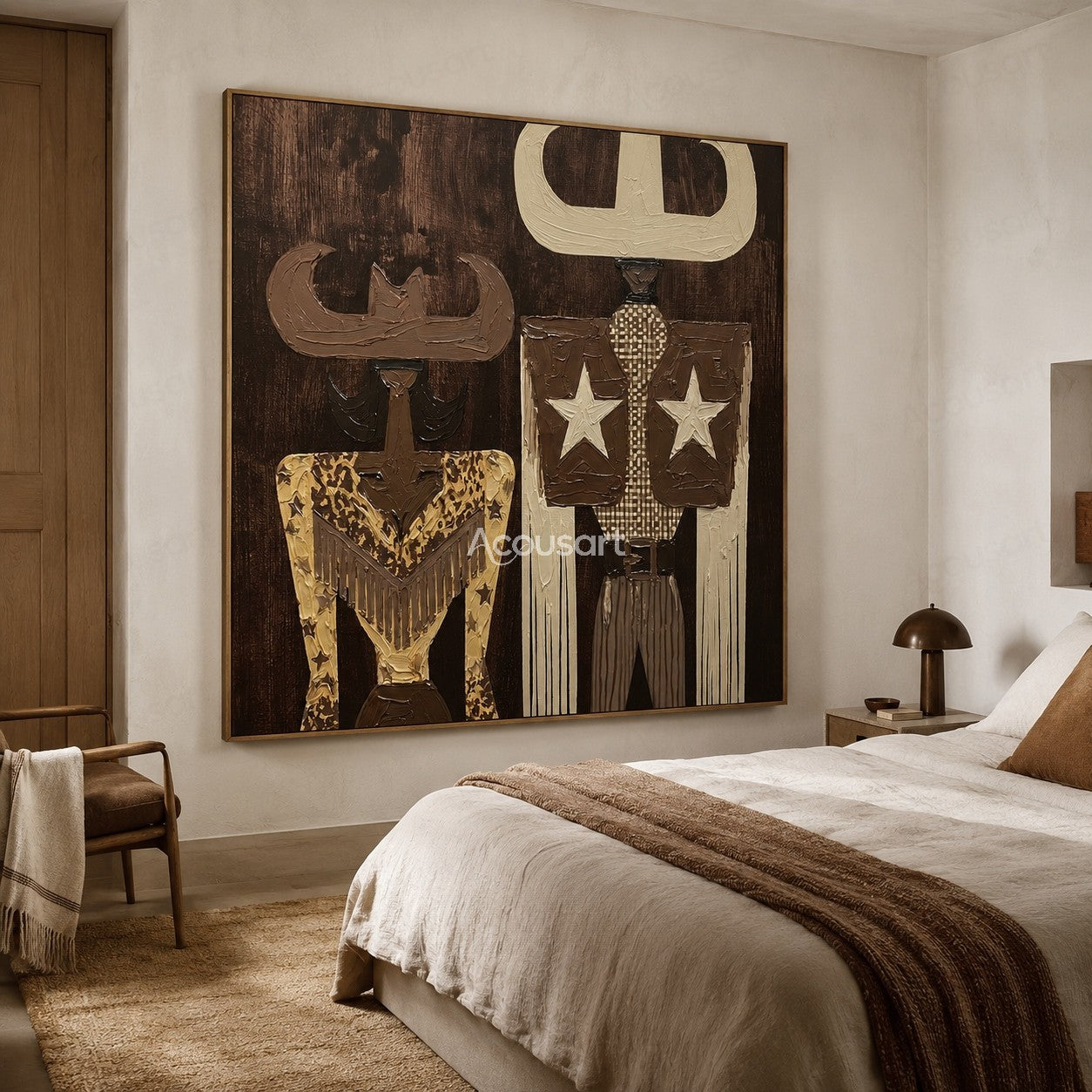 Textured cowboy couple wall art with Western hats, stars, and vintage Americana style