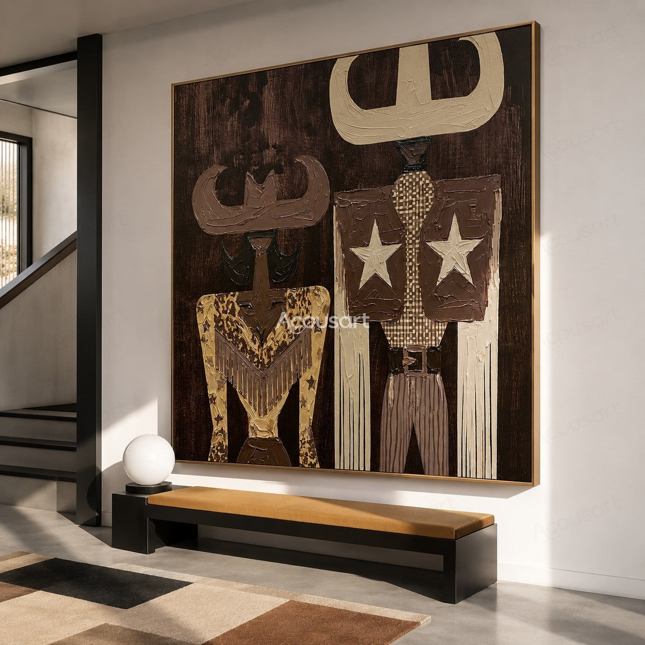 Textured cowboy couple wall art with Western hats, stars, and vintage Americana style