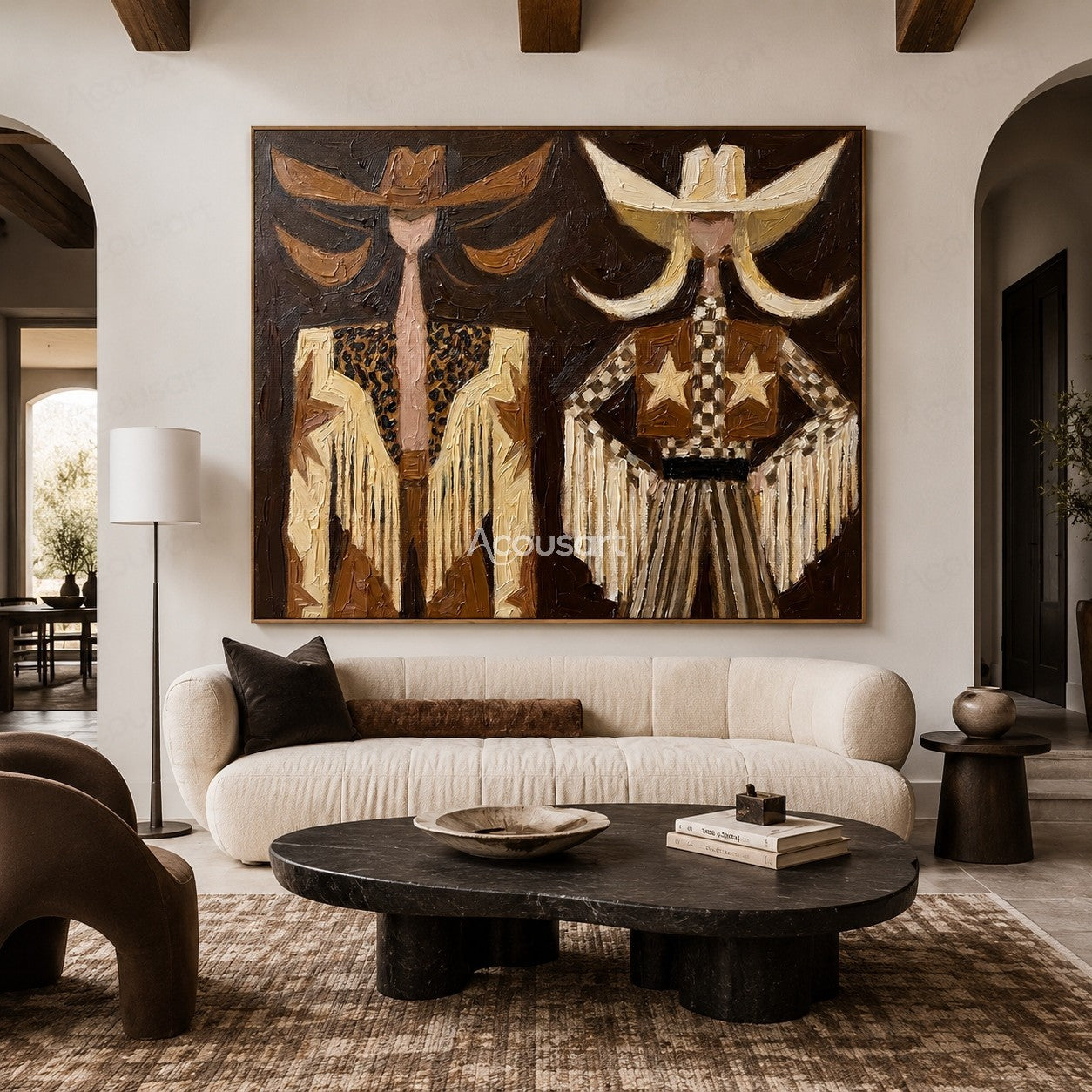 Textured cowboy duo wall art featuring Western hats, star details, and rustic Americana style