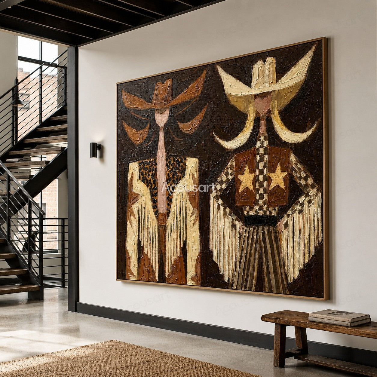 Textured cowboy duo wall art featuring Western hats, star details, and rustic Americana style