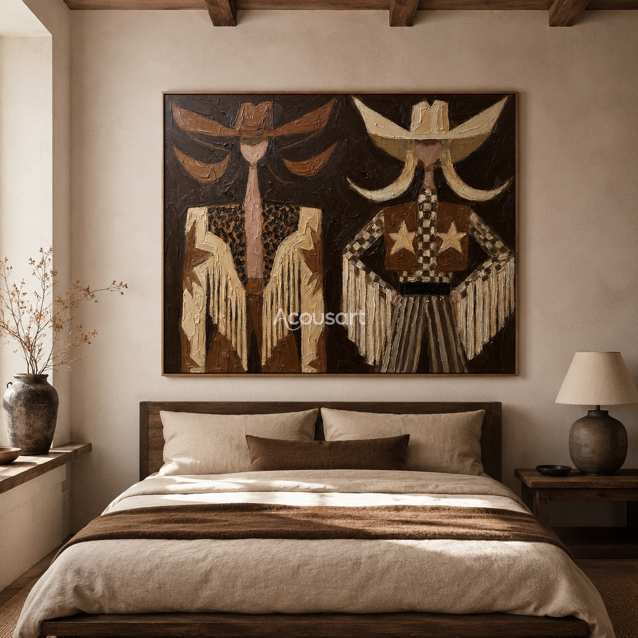 Textured cowboy duo wall art featuring Western hats, star details, and rustic Americana style