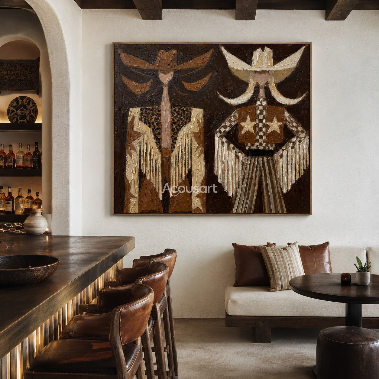Textured cowboy duo wall art featuring Western hats, star details, and rustic Americana style