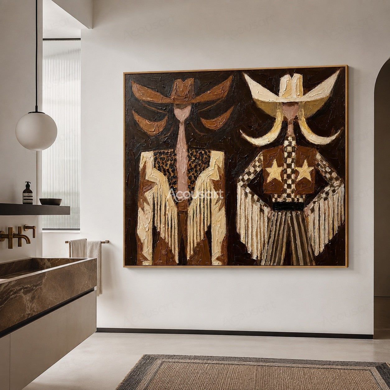 Textured cowboy duo wall art featuring Western hats, star details, and rustic Americana style