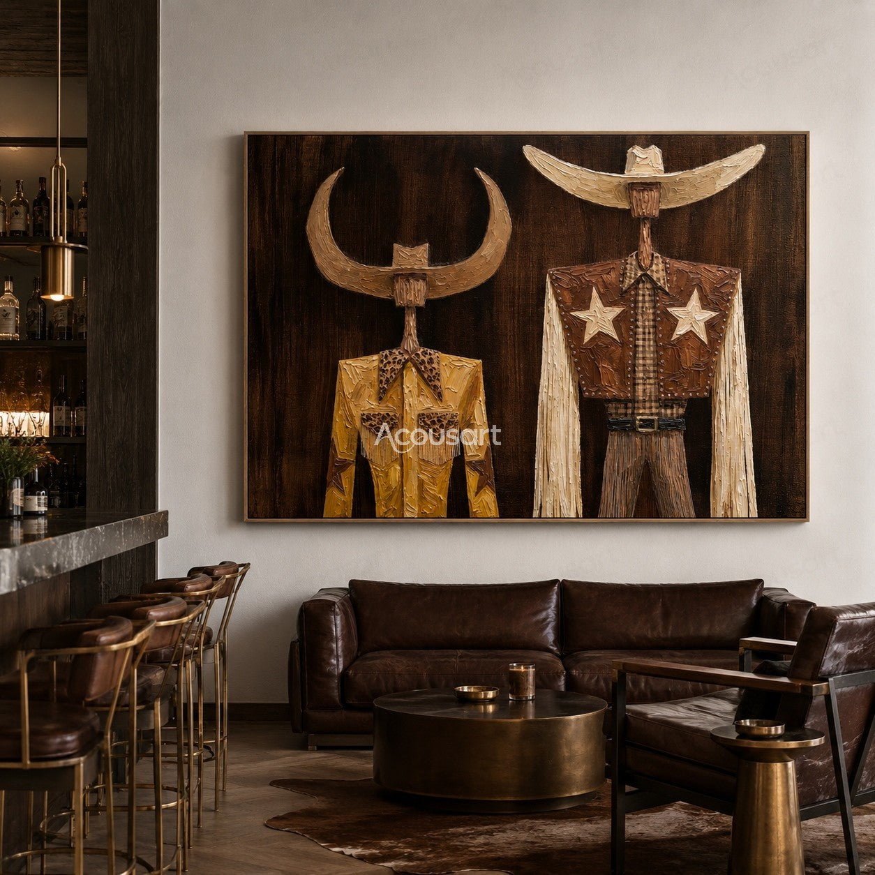 Textured Western cowboy duo wall art with cowboy hats, star details, and rustic Americana style