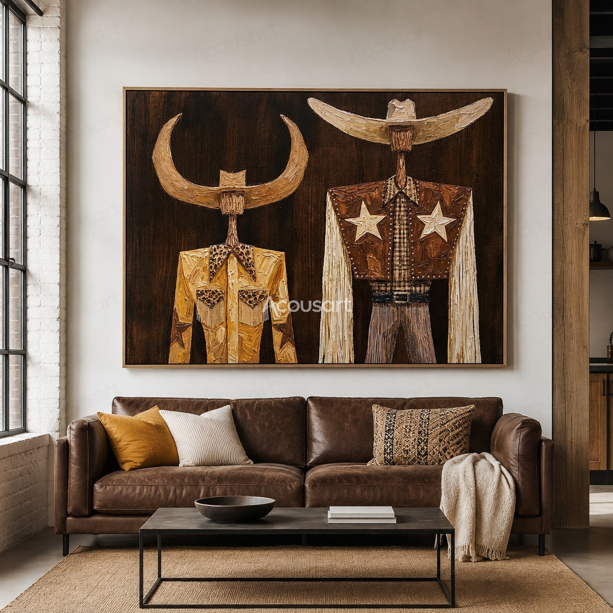Textured Western cowboy duo wall art with cowboy hats, star details, and rustic Americana style