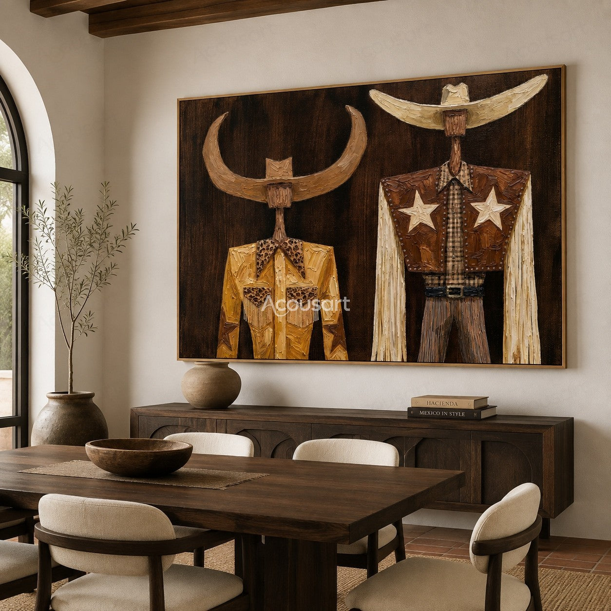 Textured Western cowboy duo wall art with cowboy hats, star details, and rustic Americana style