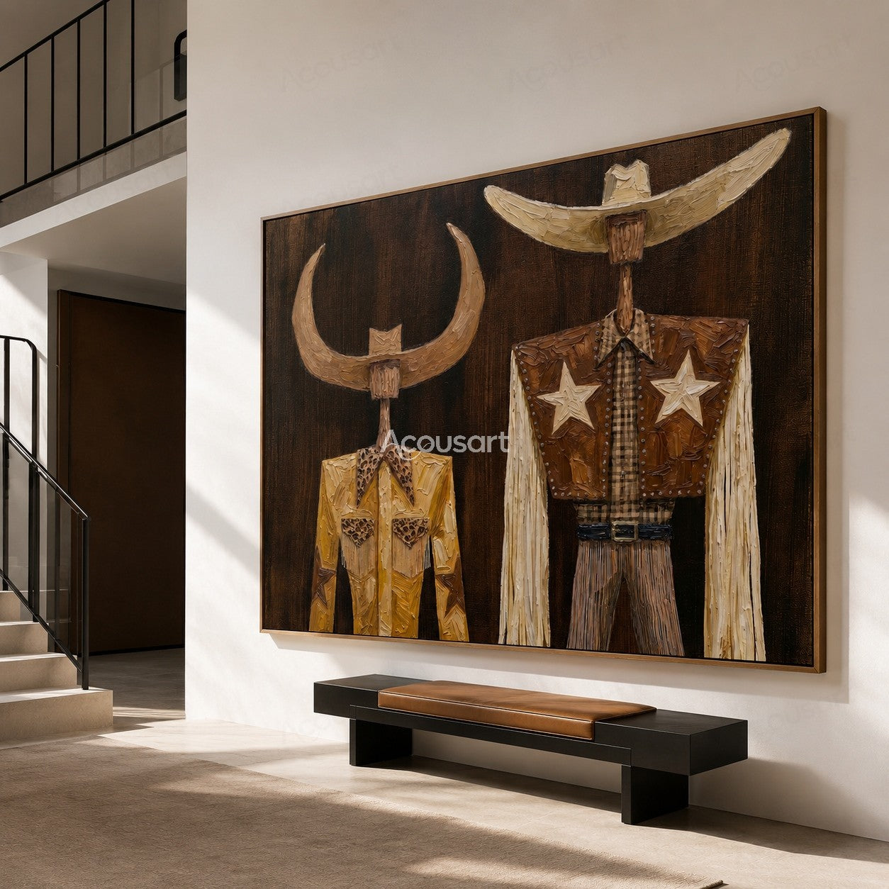 Textured Western cowboy duo wall art with cowboy hats, star details, and rustic Americana style