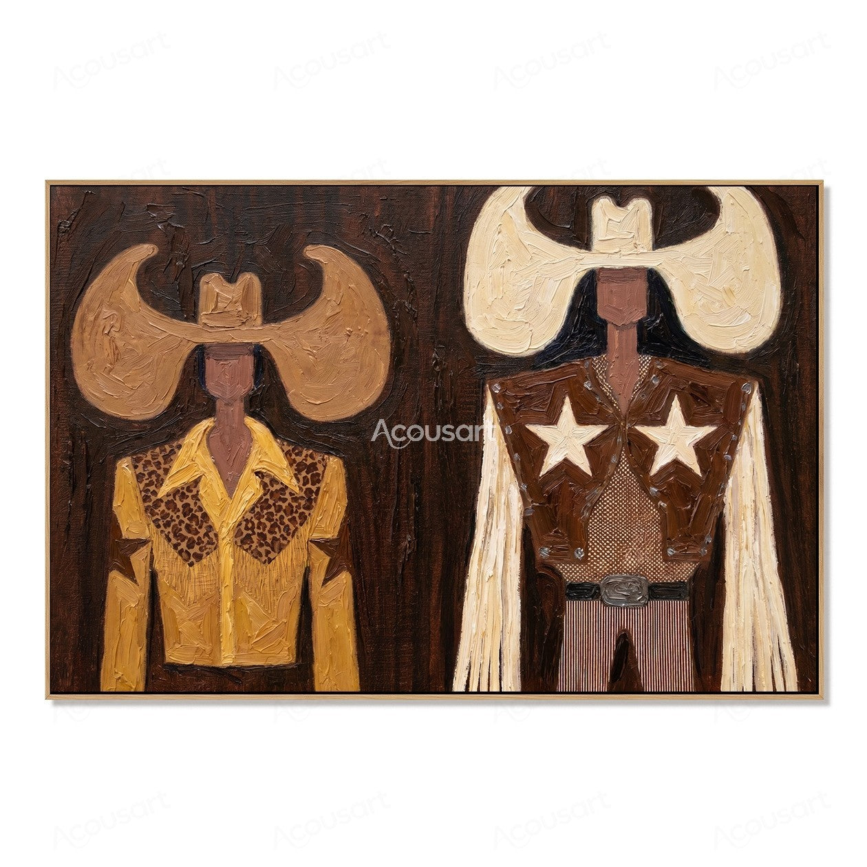 Textured cowboy duo wall art with Western hats, star details, leather outfits, and rustic Americana style