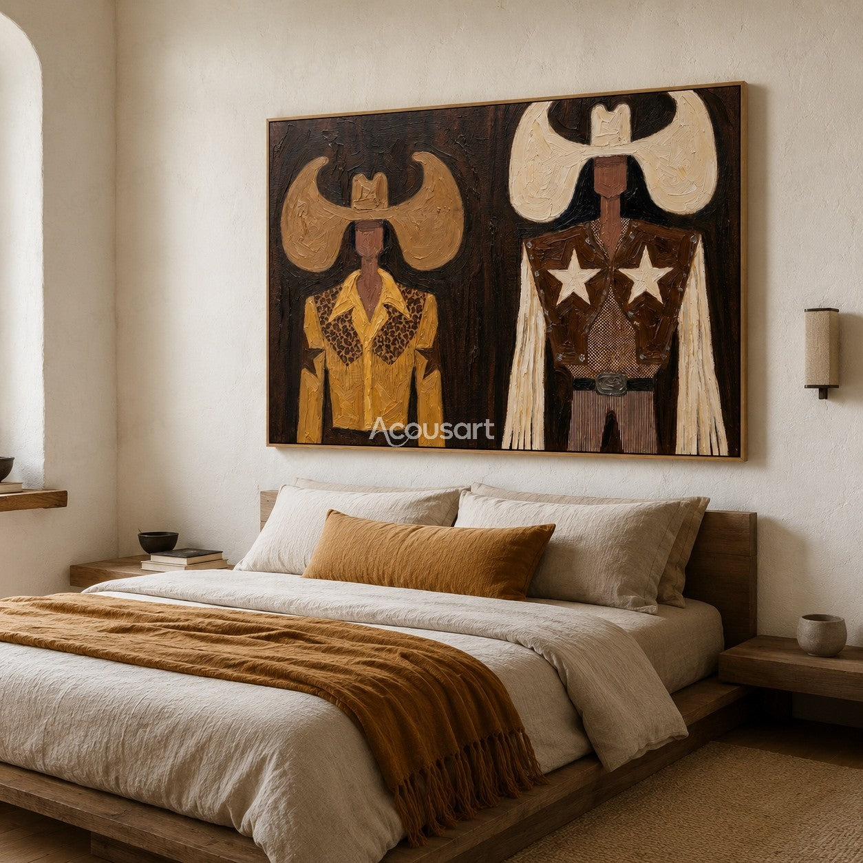 Textured cowboy duo wall art with Western hats, star details, leather outfits, and rustic Americana style