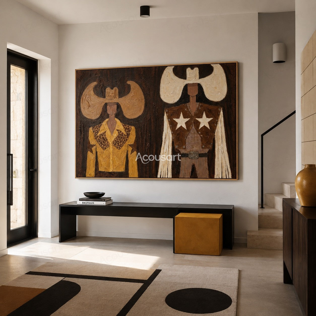 Textured cowboy duo wall art with Western hats, star details, leather outfits, and rustic Americana style
