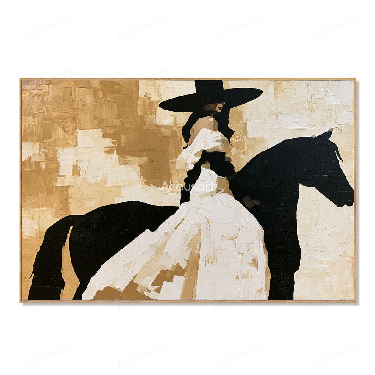 Black horse rider western wall art with cowboy hat, white outfit, and textured abstract painting style
