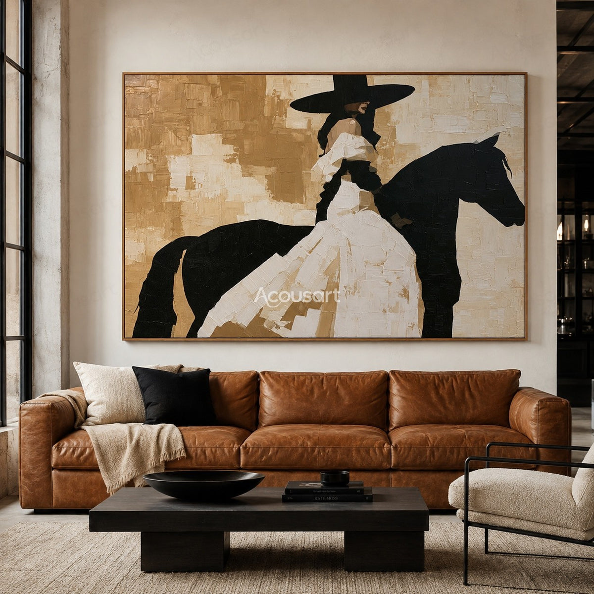 Black horse rider western wall art with cowboy hat, white outfit, and textured abstract painting style