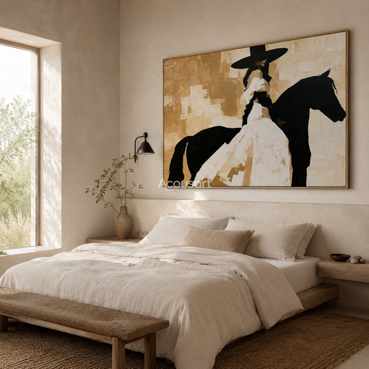 Black horse rider western wall art with cowboy hat, white outfit, and textured abstract painting style
