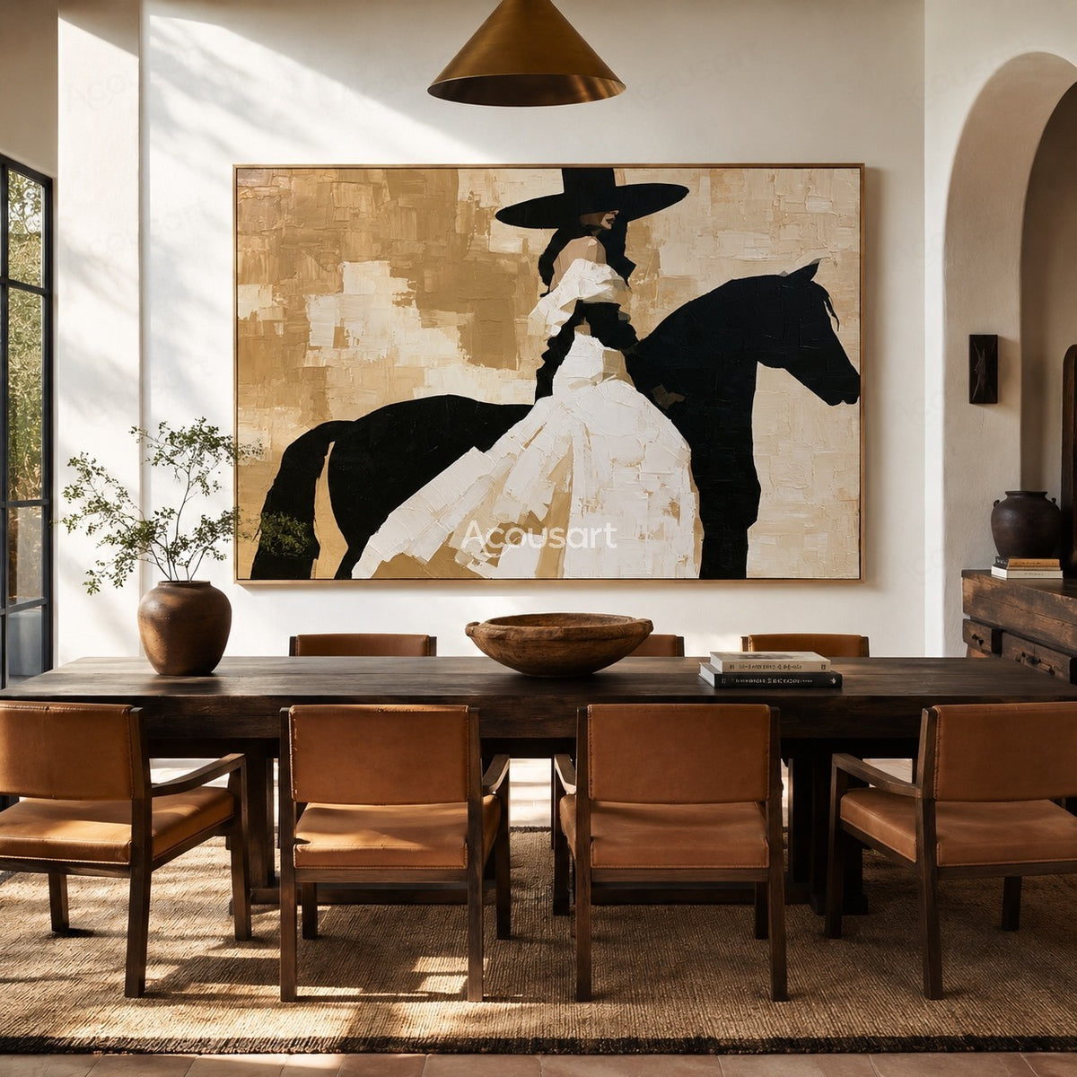 Black horse rider western wall art with cowboy hat, white outfit, and textured abstract painting style