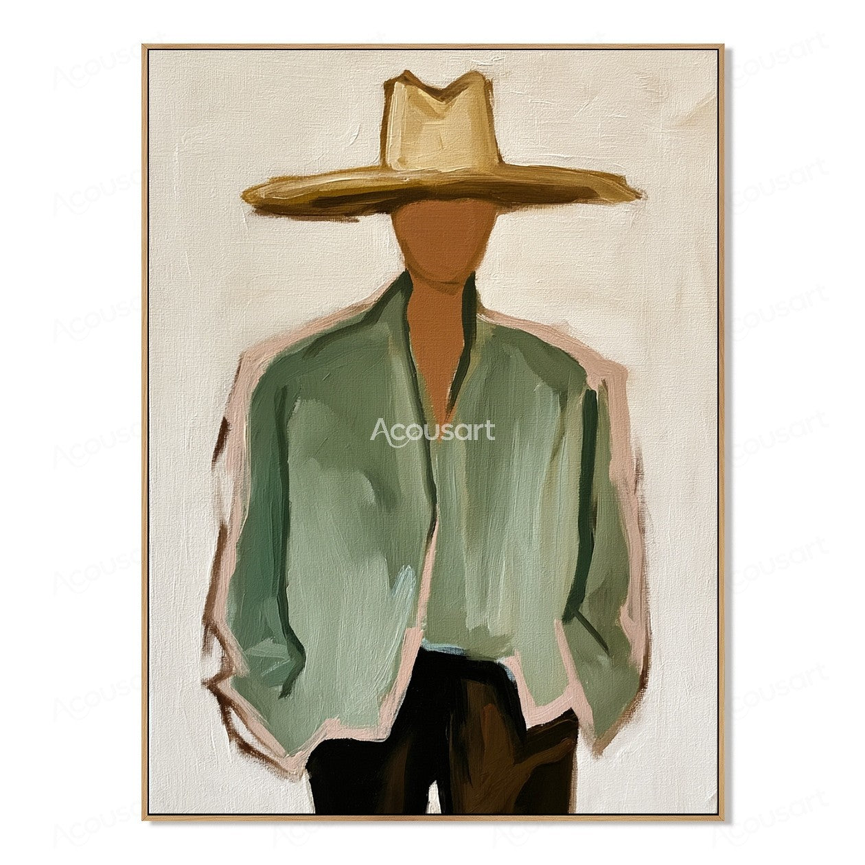 Minimalist cowboy portrait wall art with wide hat, green jacket, and Western style textured painting