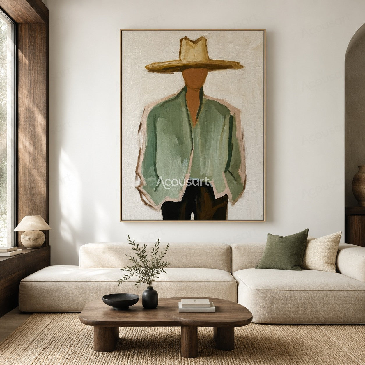 Minimalist cowboy portrait wall art with wide hat, green jacket, and Western style textured painting