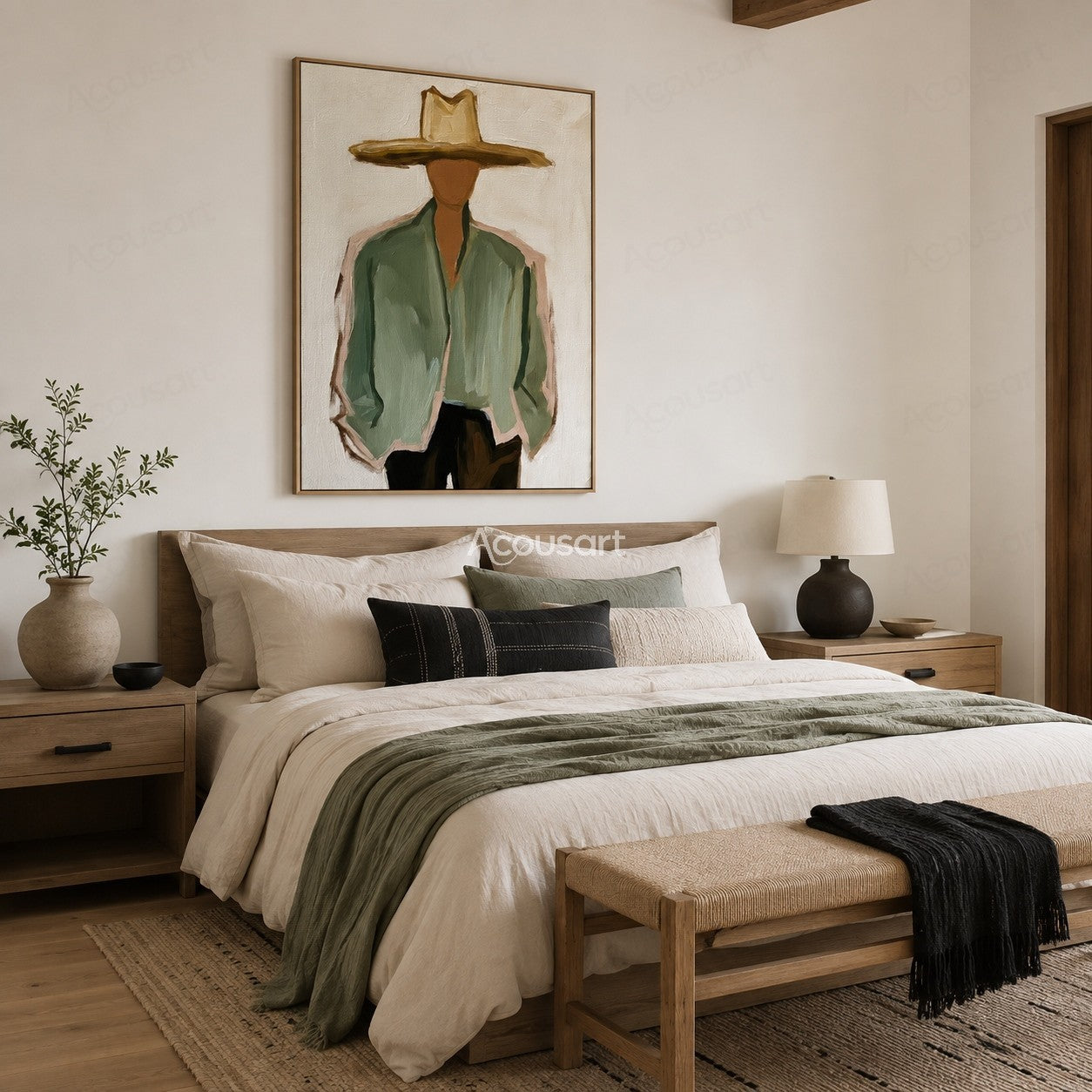 Minimalist cowboy portrait wall art with wide hat, green jacket, and Western style textured painting