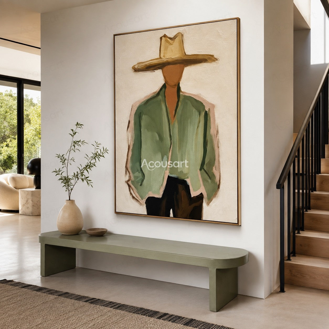 Minimalist cowboy portrait wall art with wide hat, green jacket, and Western style textured painting