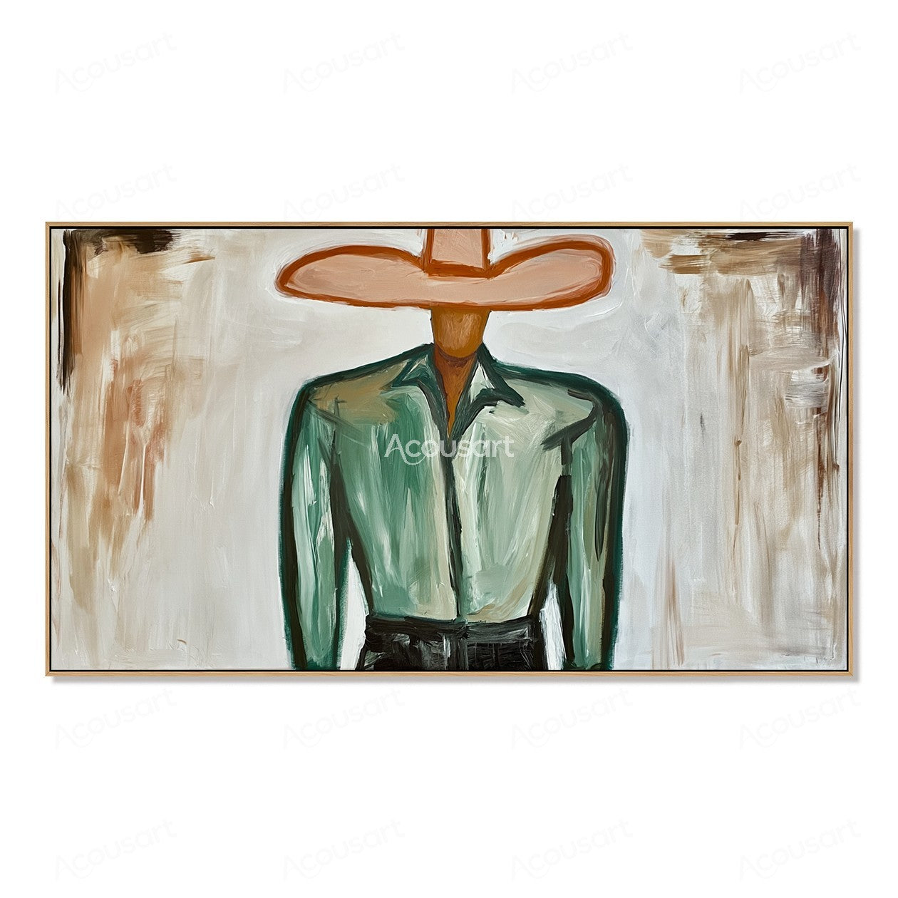 Minimalist cowboy portrait wall art with wide hat, green jacket, and neutral Western style painting