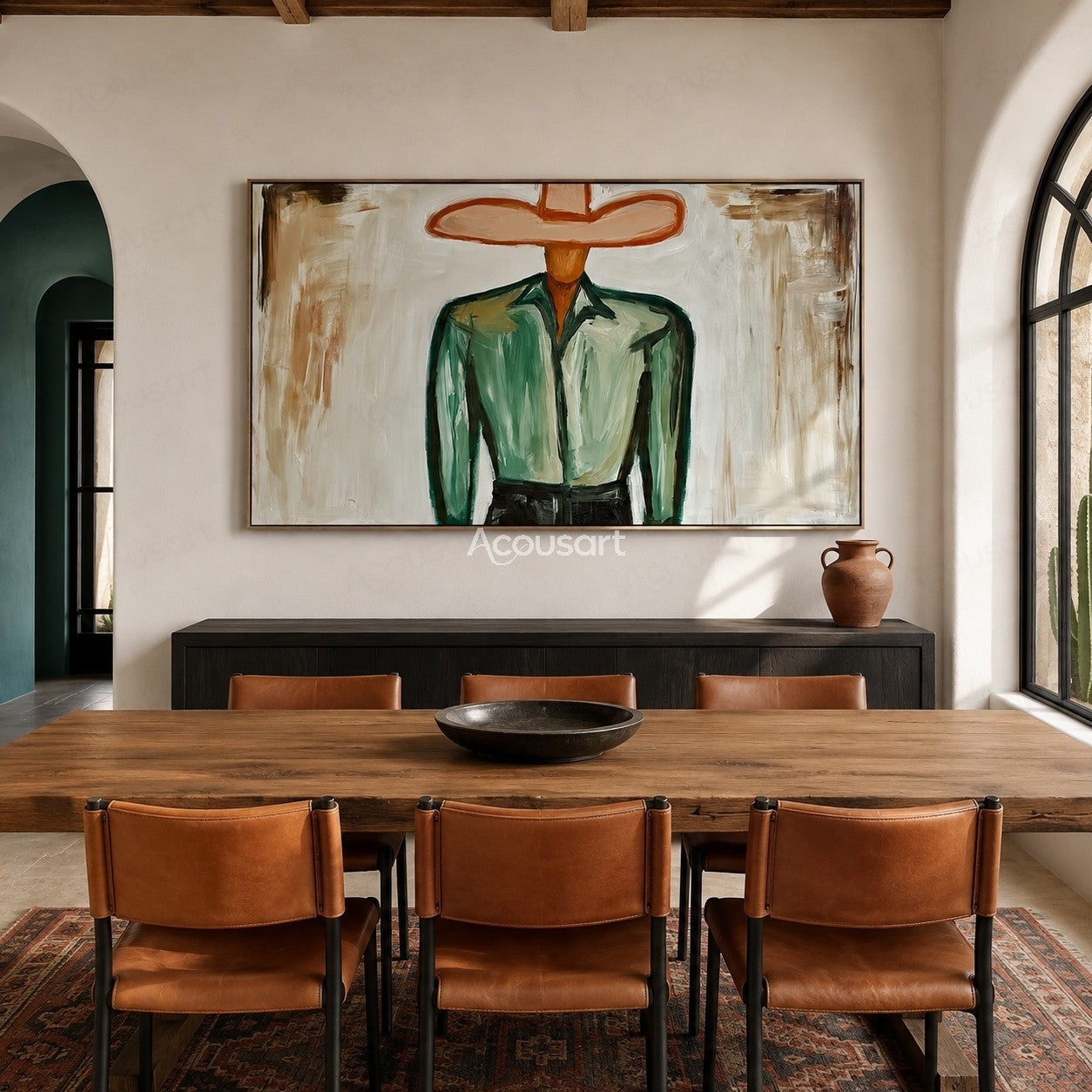 Minimalist cowboy portrait wall art with wide hat, green jacket, and neutral Western style painting