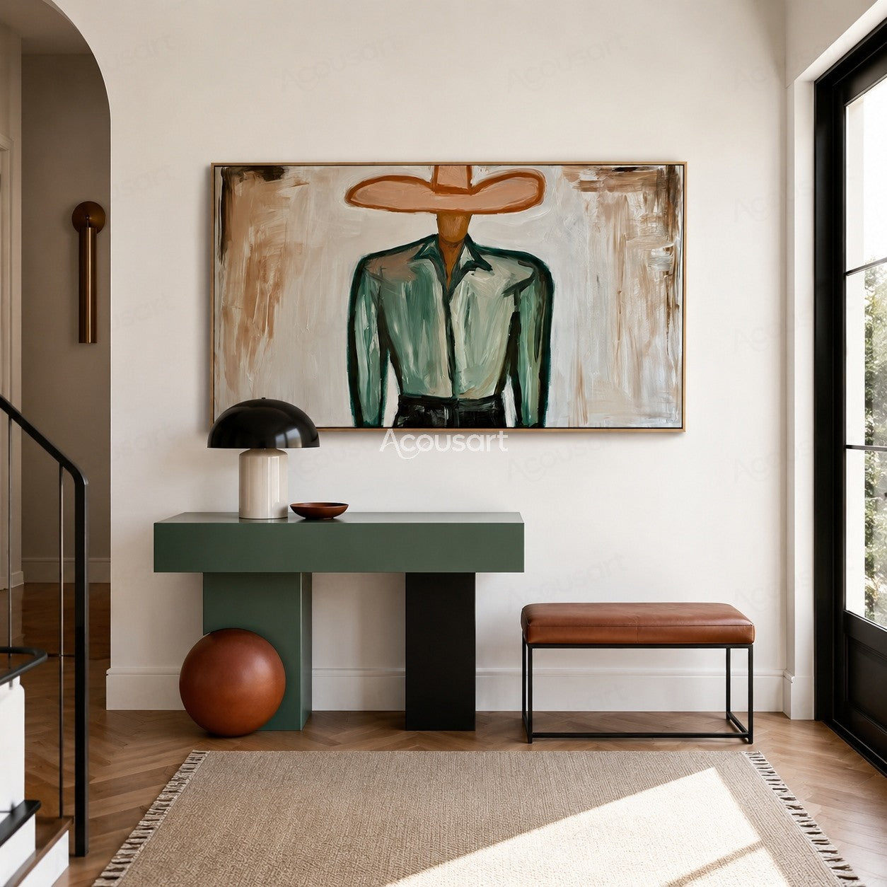 Minimalist cowboy portrait wall art with wide hat, green jacket, and neutral Western style painting