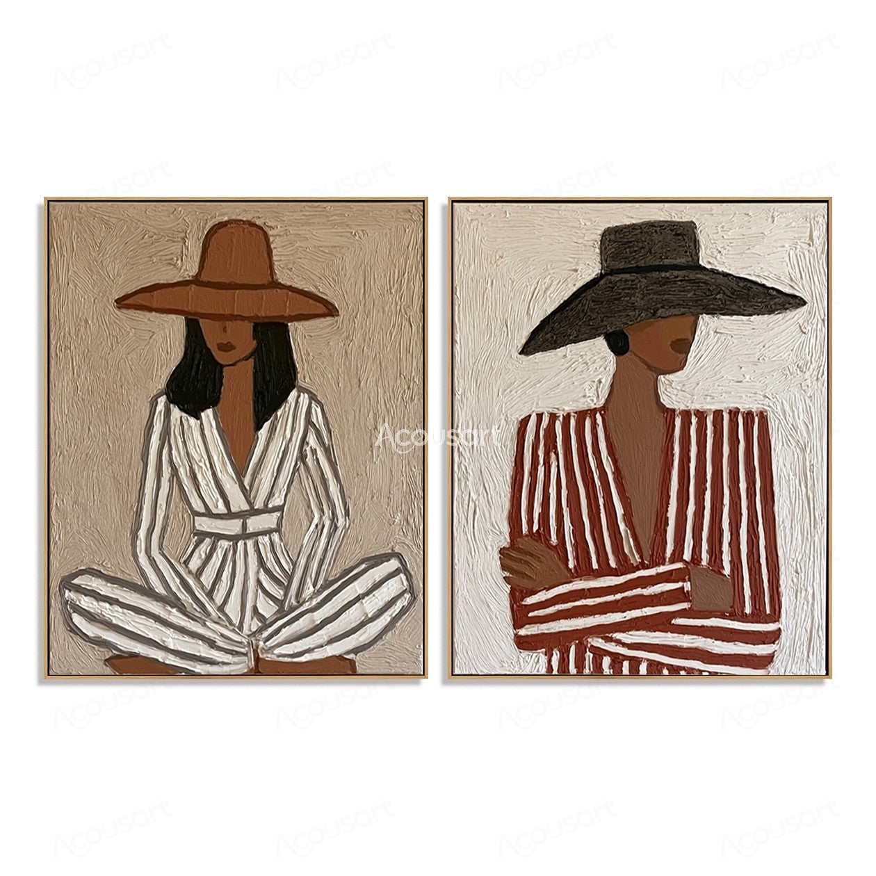 Two panel minimalist woman portrait wall art with wide brim hats and neutral textured colors
