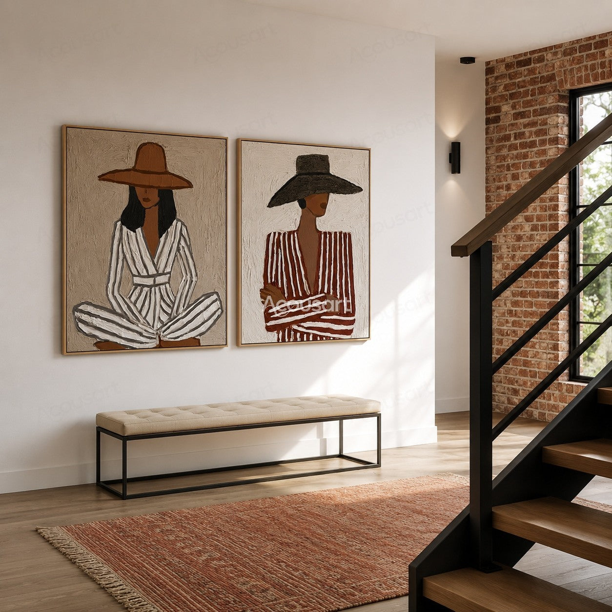 Two panel minimalist woman portrait wall art with wide brim hats and neutral textured colors