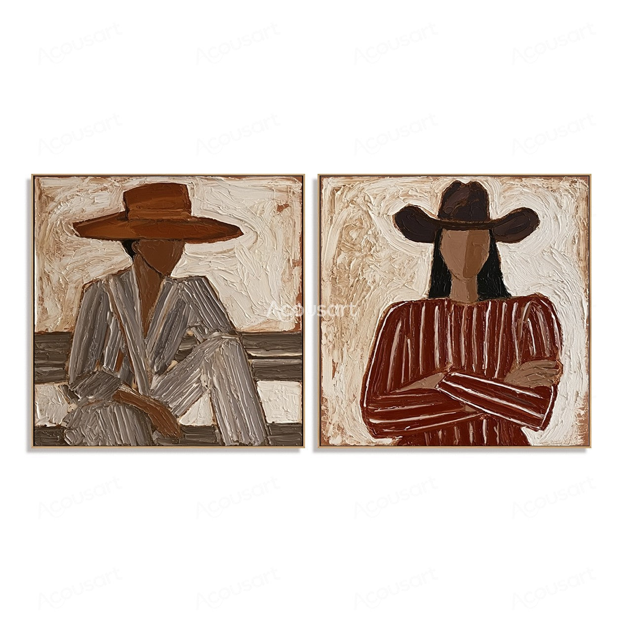 Two panel western cowgirl wall art with striped outfits and wide brim hats