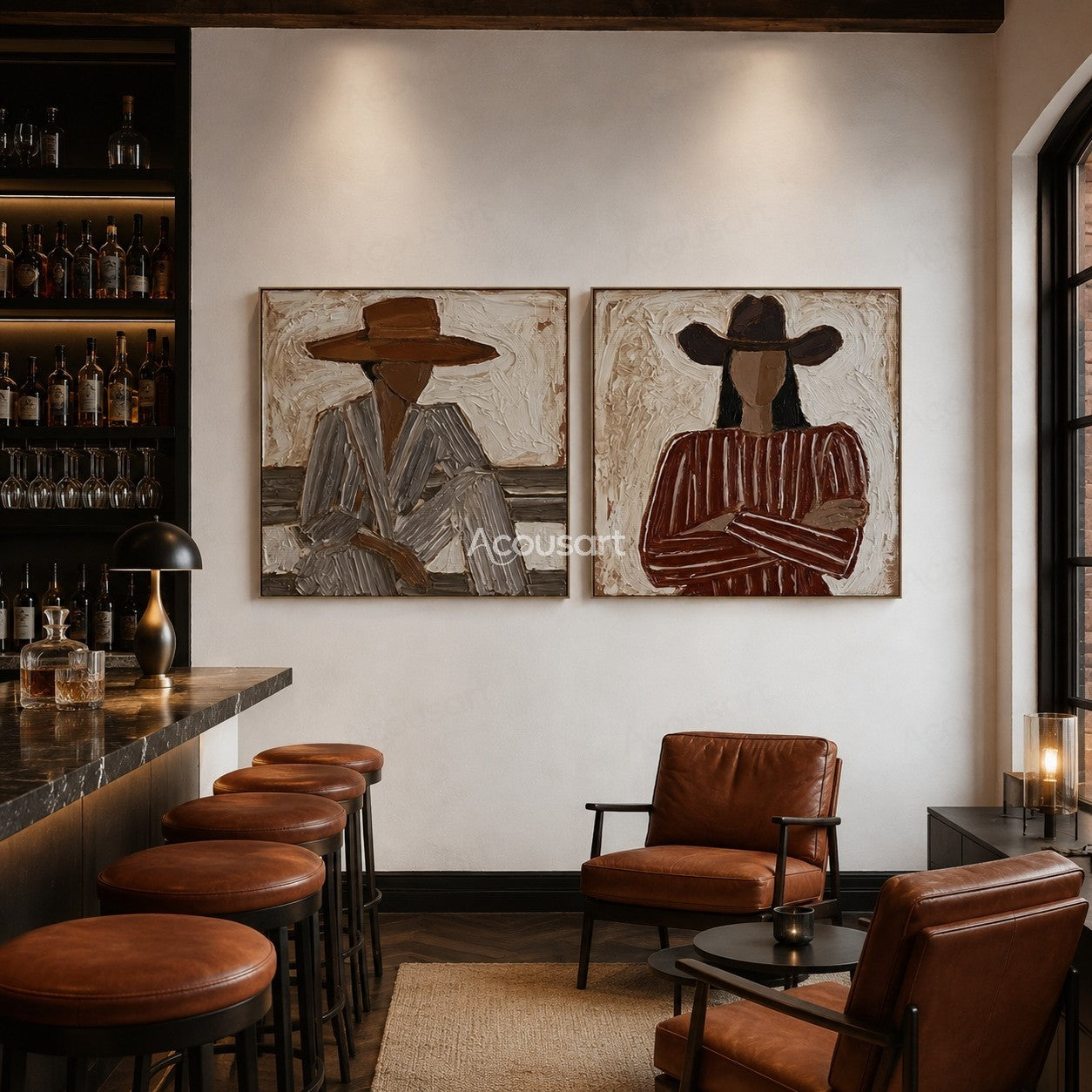Two panel western cowgirl wall art with striped outfits and wide brim hats