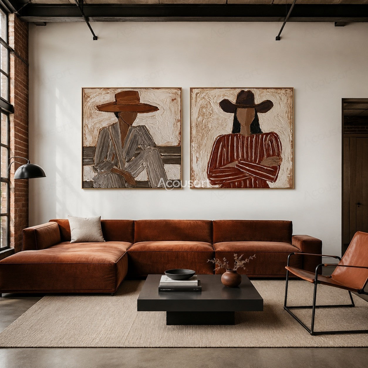 Two panel western cowgirl wall art with striped outfits and wide brim hats