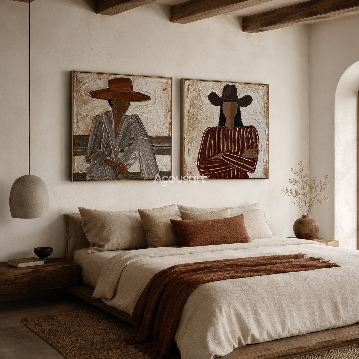 Two panel western cowgirl wall art with striped outfits and wide brim hats