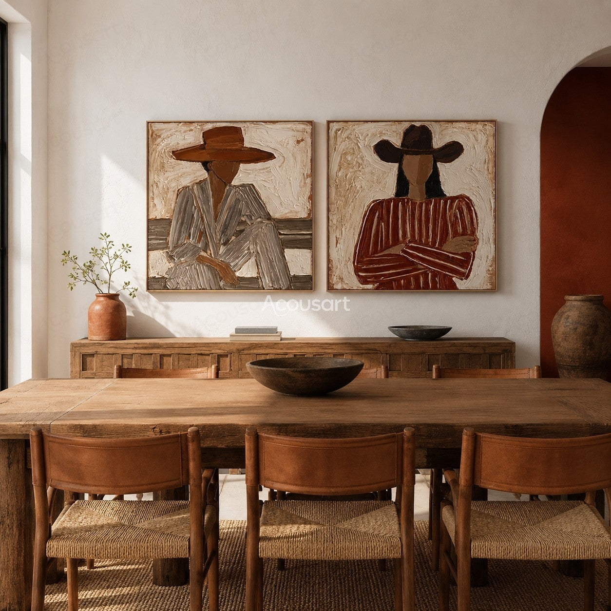Two panel western cowgirl wall art with striped outfits and wide brim hats