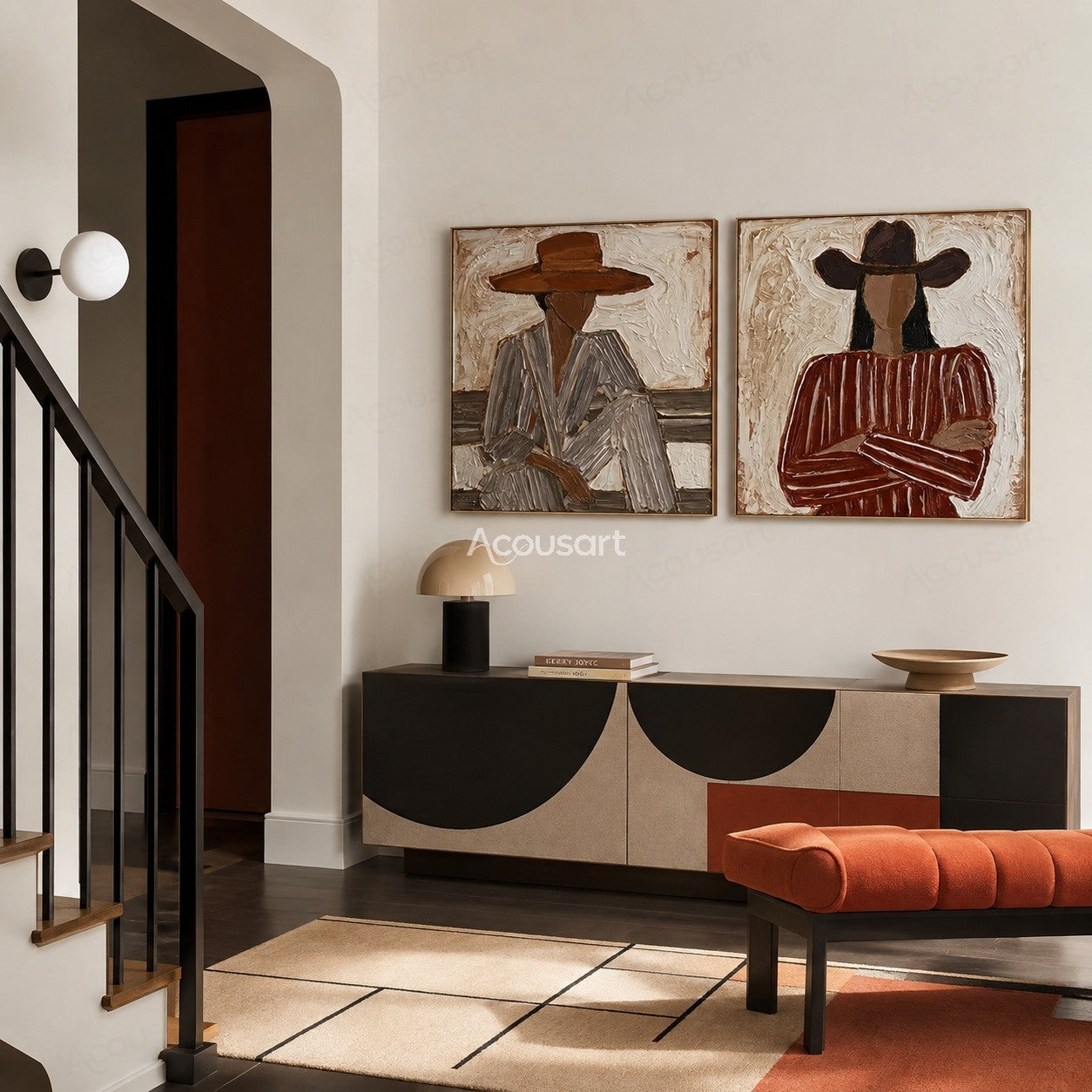 Two panel western cowgirl wall art with striped outfits and wide brim hats
