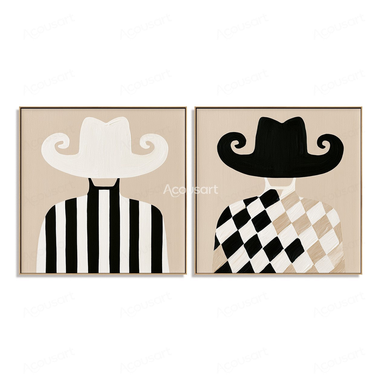 Two panel minimalist cowboy wall art set with black and white hats and striped checker outfits