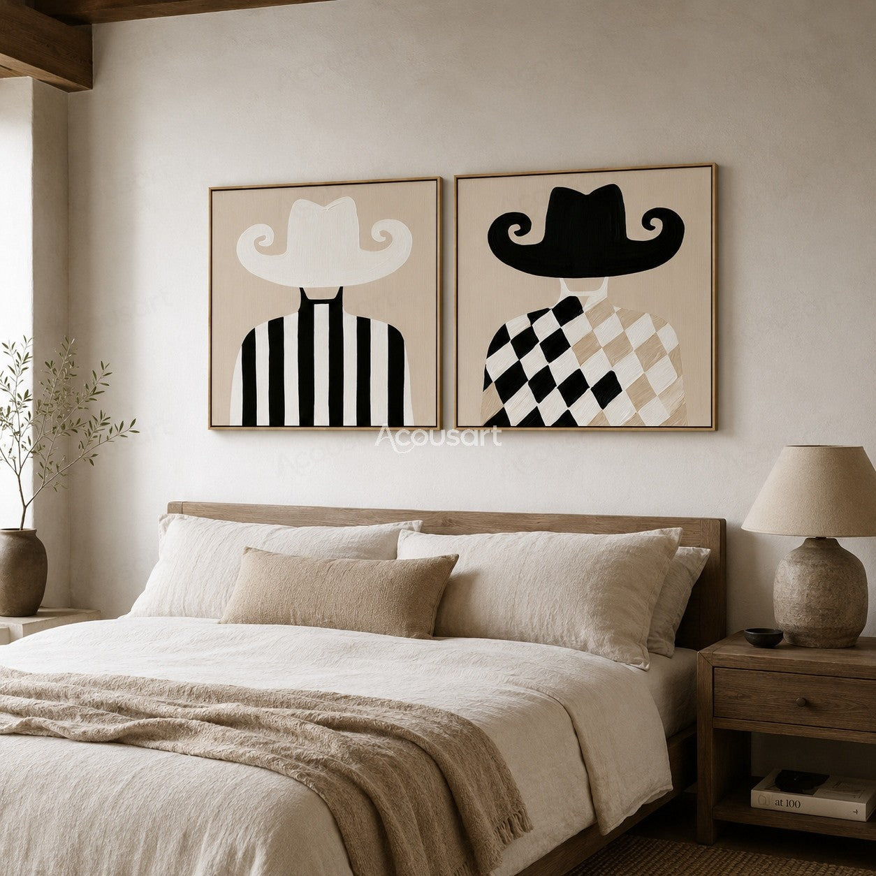 Two panel minimalist cowboy wall art set with black and white hats and striped checker outfits