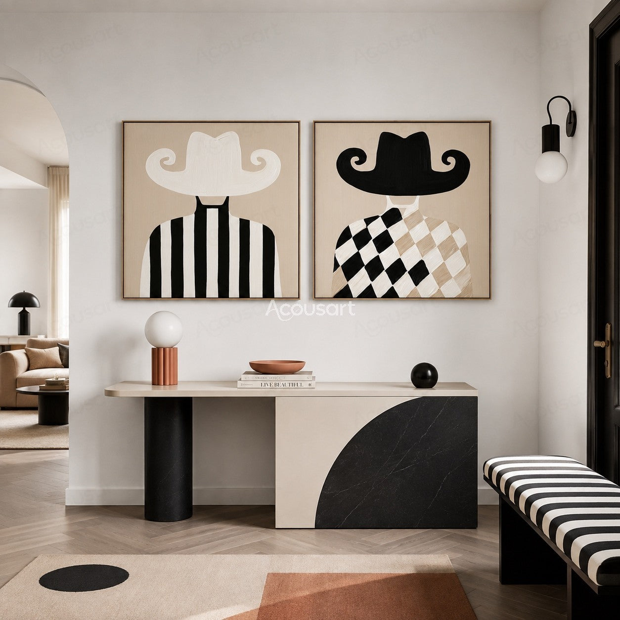 Two panel minimalist cowboy wall art set with black and white hats and striped checker outfits