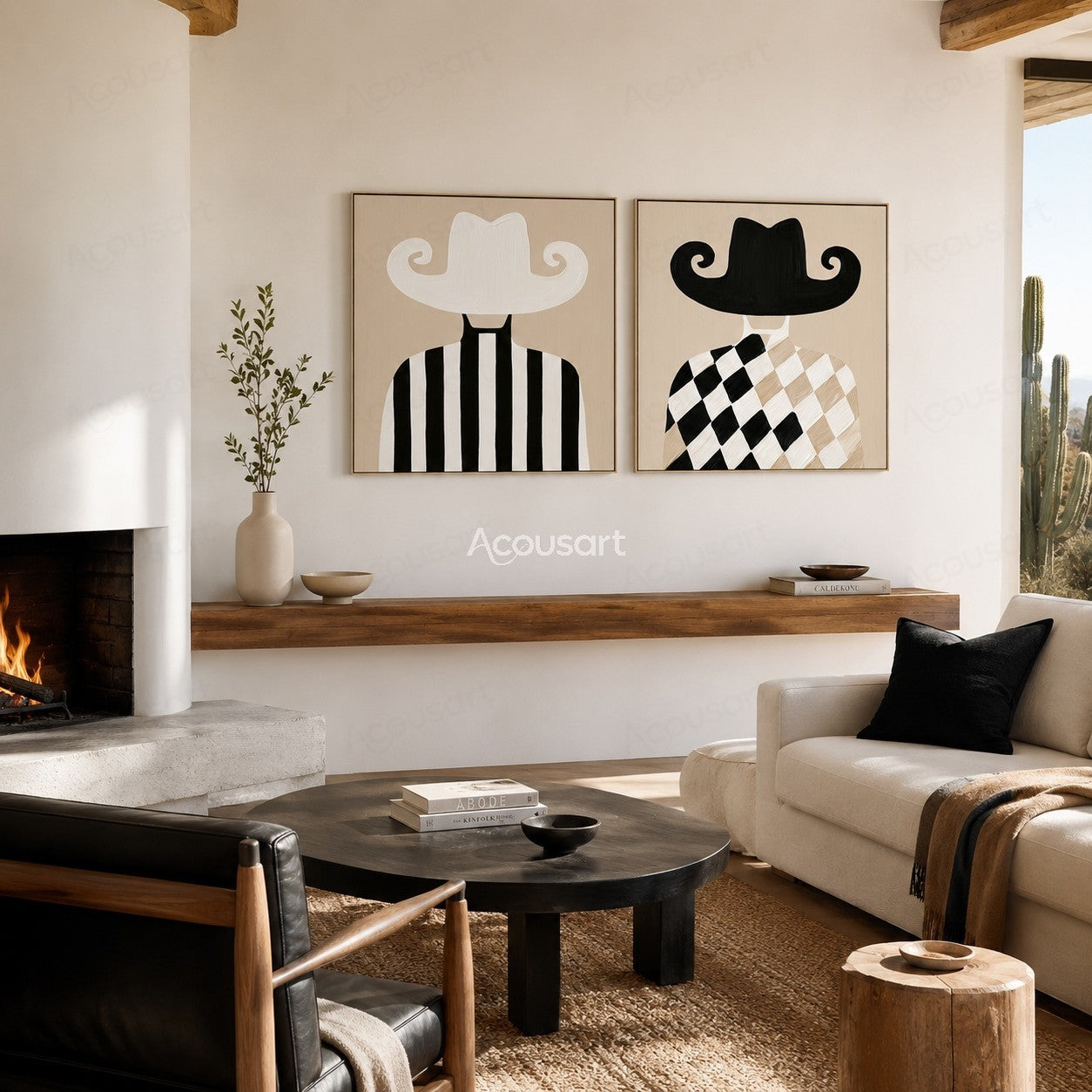 Two panel minimalist cowboy wall art set with black and white hats and striped checker outfits
