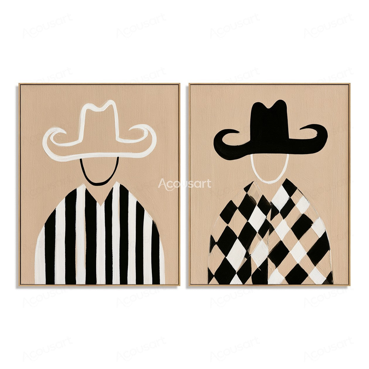 Two panel black and white cowboy wall art with hats and modern striped outfits