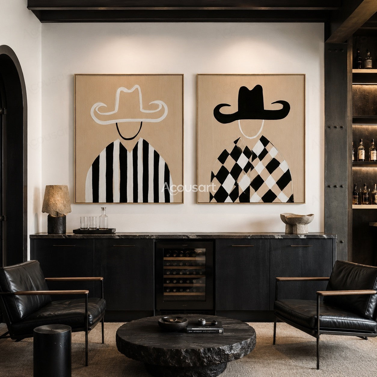 Two panel black and white cowboy wall art with hats and modern striped outfits