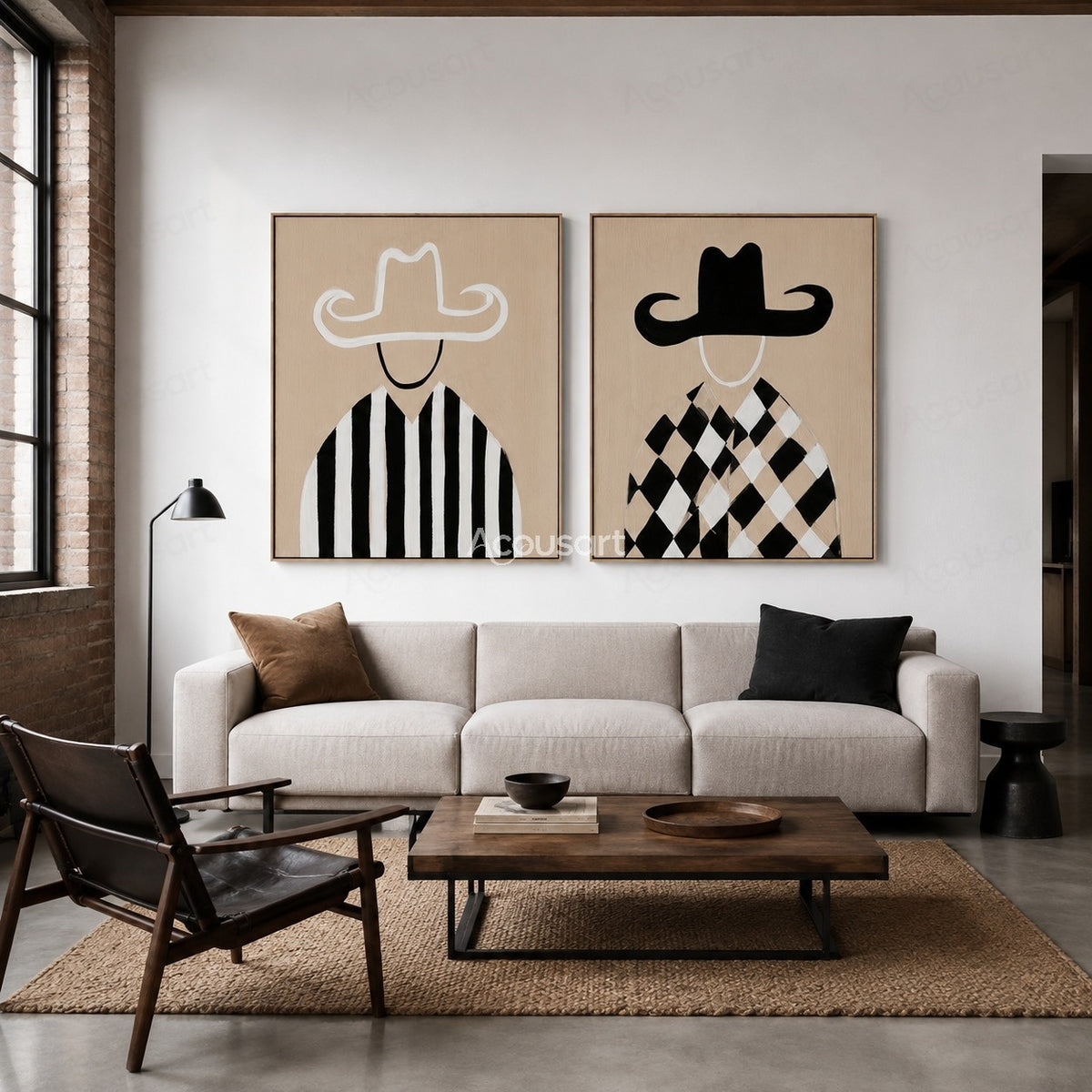 Two panel black and white cowboy wall art with hats and modern striped outfits