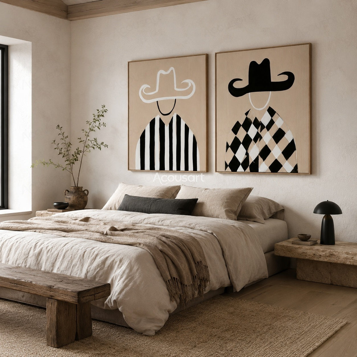 Two panel black and white cowboy wall art with hats and modern striped outfits