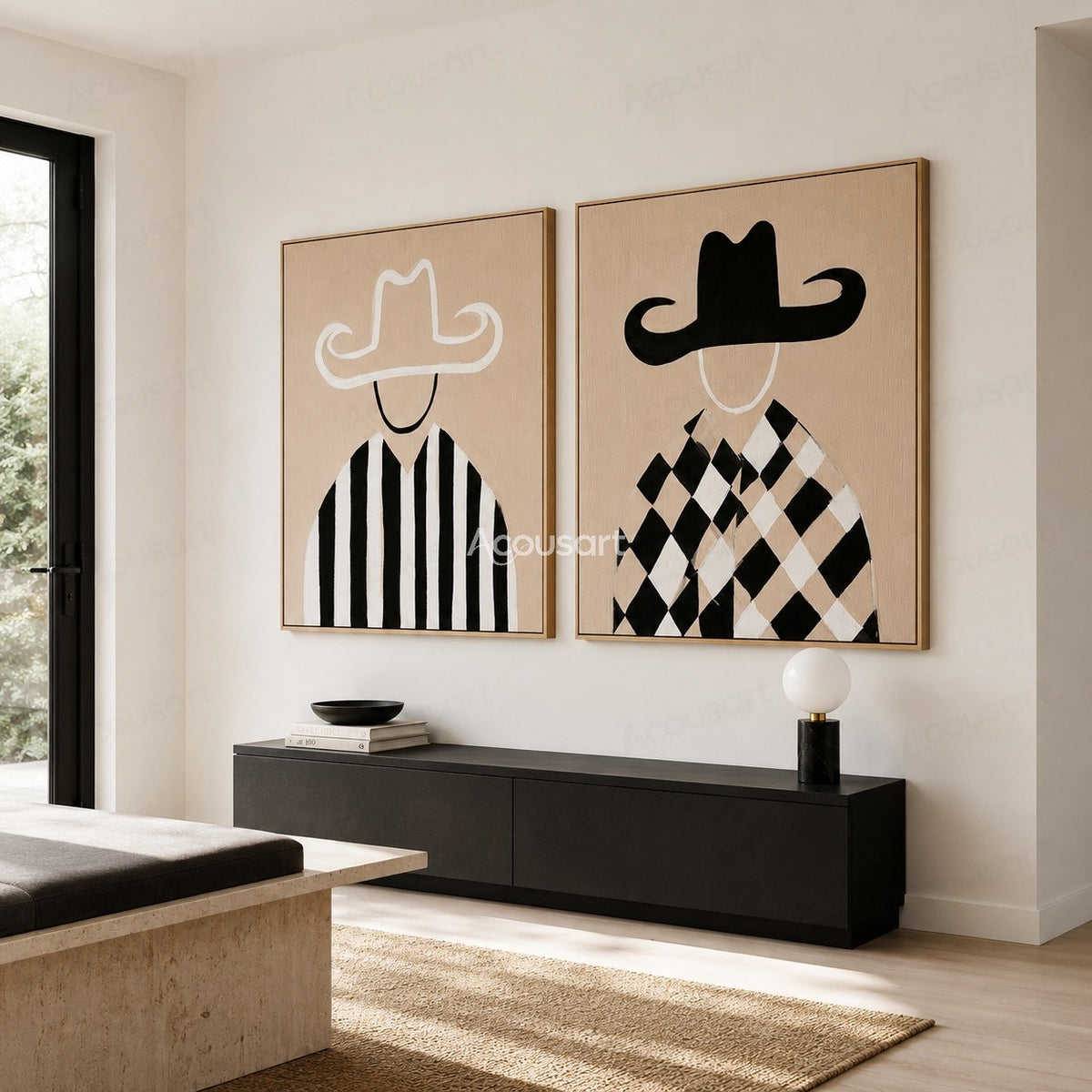 Two panel black and white cowboy wall art with hats and modern striped outfits