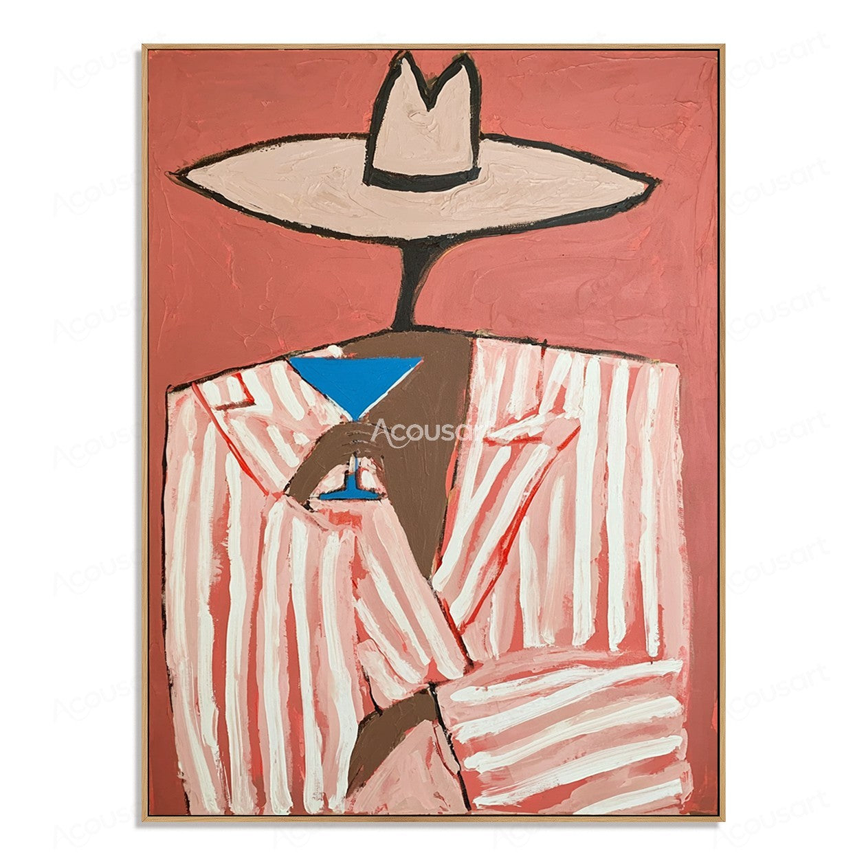 Minimalist cowboy portrait wall art with white hat striped jacket and pink background