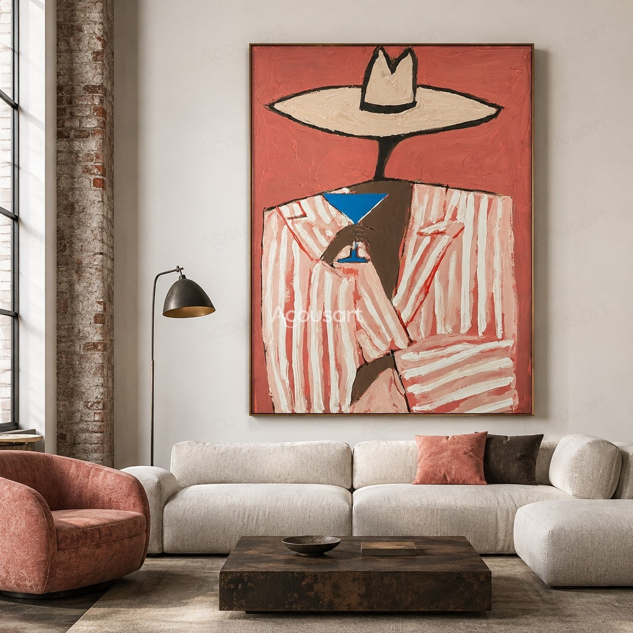 Minimalist cowboy portrait wall art with white hat striped jacket and pink background
