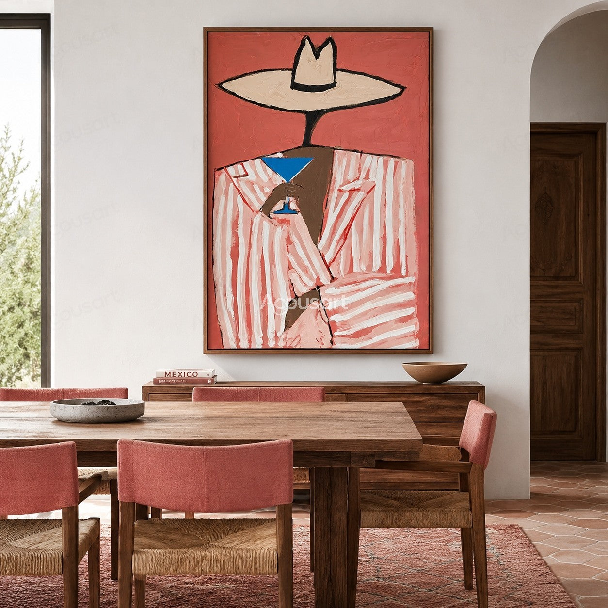 Minimalist cowboy portrait wall art with white hat striped jacket and pink background