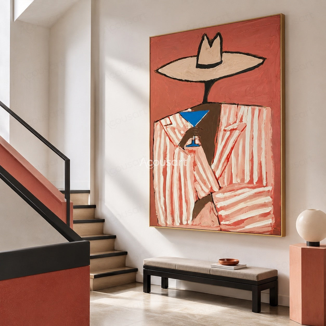 Minimalist cowboy portrait wall art with white hat striped jacket and pink background