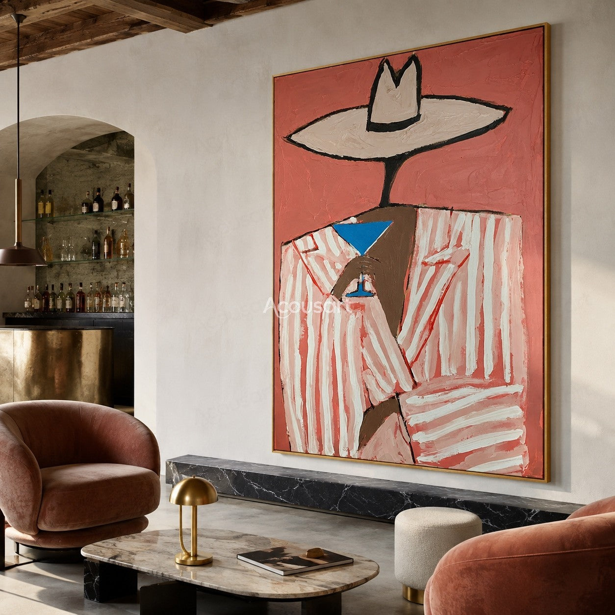 Minimalist cowboy portrait wall art with white hat striped jacket and pink background