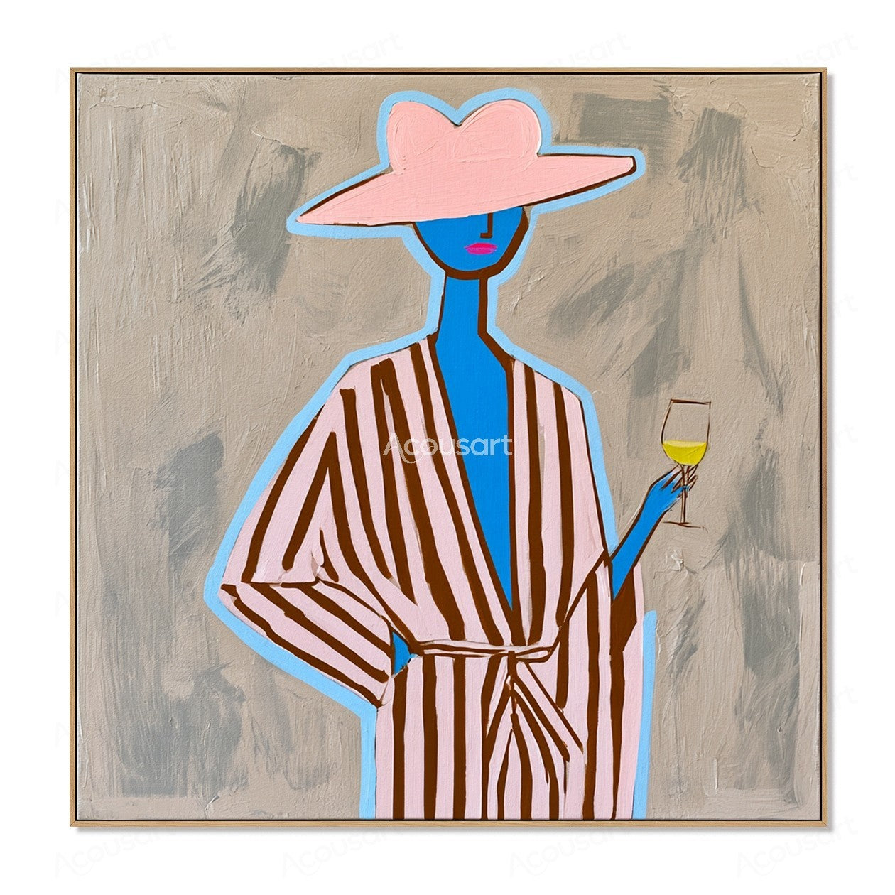 Colorful minimalist woman portrait wall art with pink hat striped outfit and glass