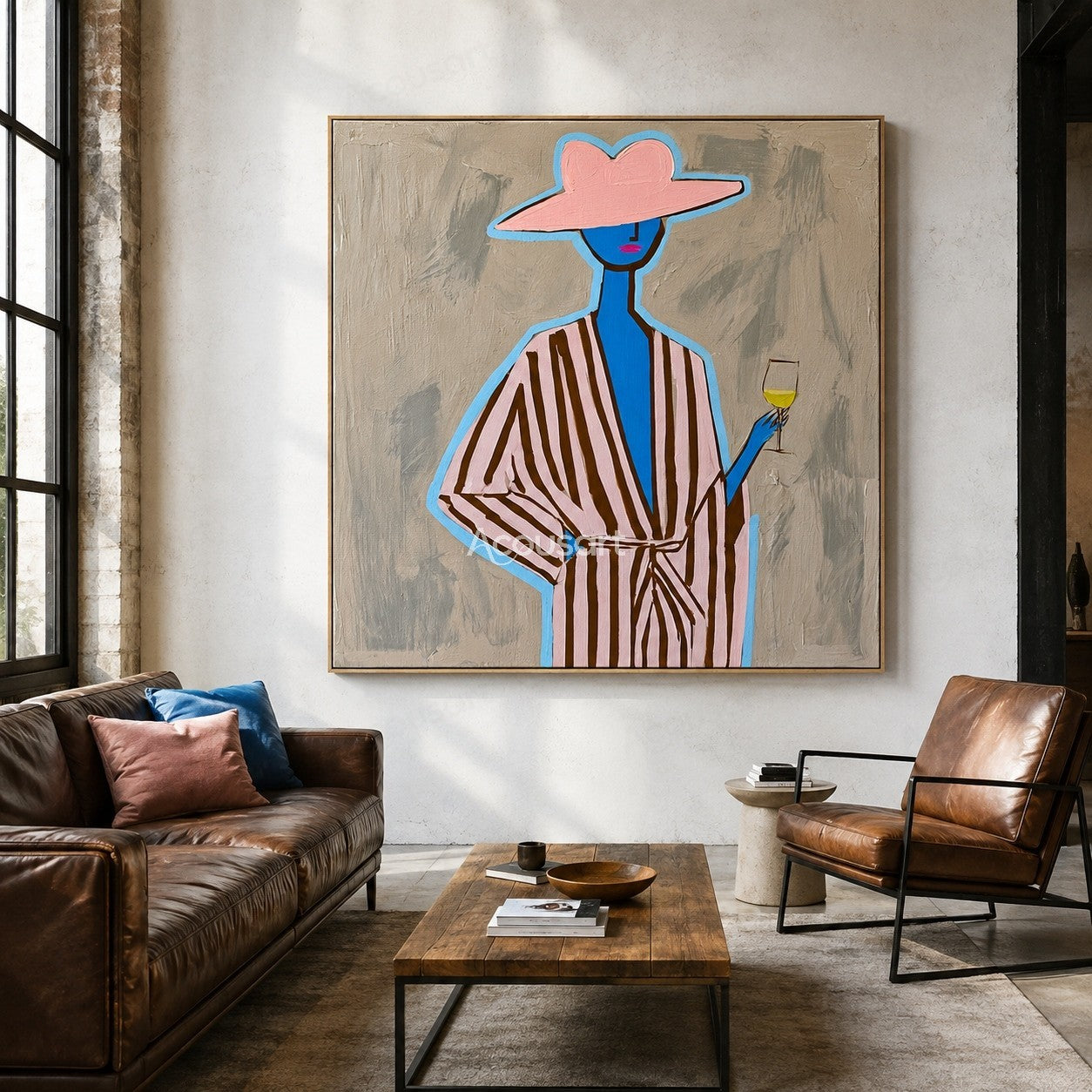 Colorful minimalist woman portrait wall art with pink hat striped outfit and glass
